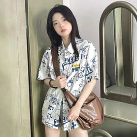 韩版2025涂鸦短袖衬衫女夏季新款甜美衬衣设计感小众独特别致上衣