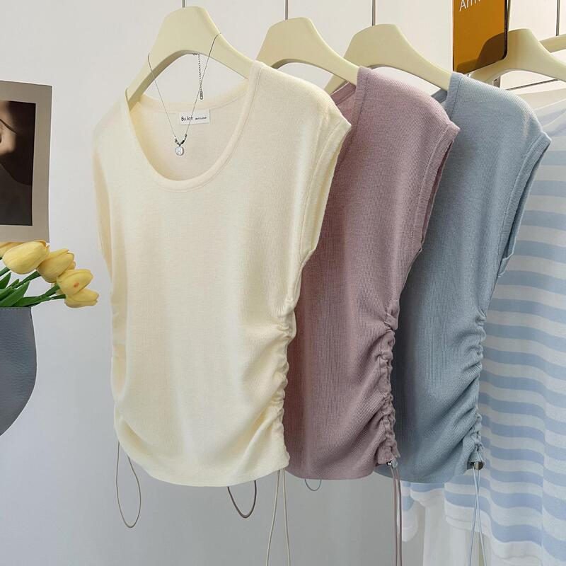 Real shot ~ soft waxy gentle wind round neck sweater women's summer short sleeve slim fit top