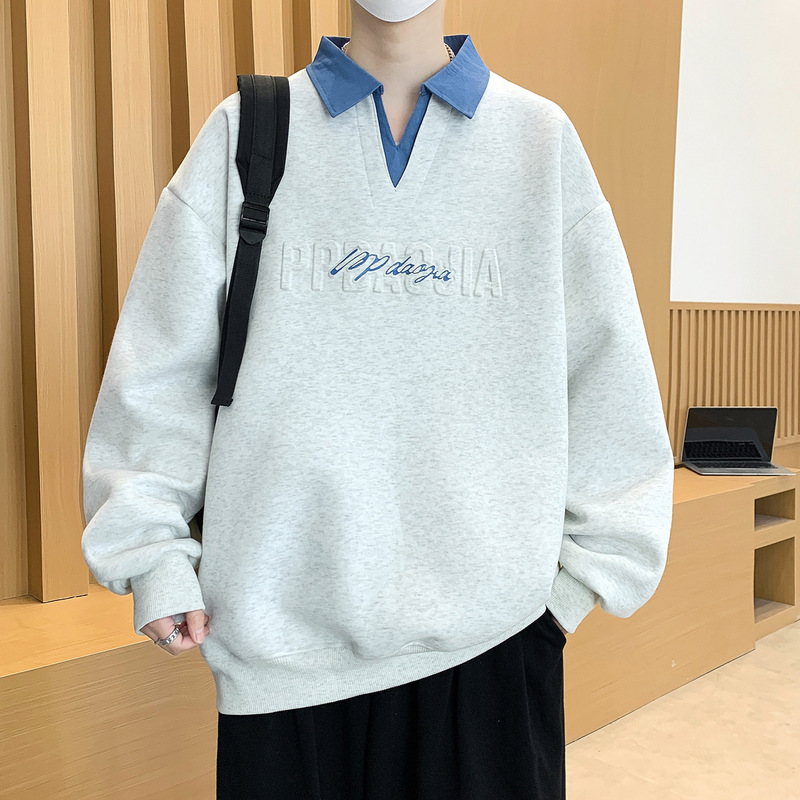 Collared sweatshirt for men, spring and autumn long-sleeve T-shirt, heavy-duty loose fit, for teenagers and middle/high school students, men's clothing Collared sweatshirt for men, spring and autumn long-sleeve T-shirt, heavy-duty loose fit, for teenagers and middle/high school students, men's clothing