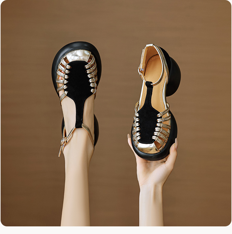 Sandal nữ quai ngang dệt mảnh da lộn, gót vuông ổn định, đế dày ghép màu — Màu đen chi tiết 12