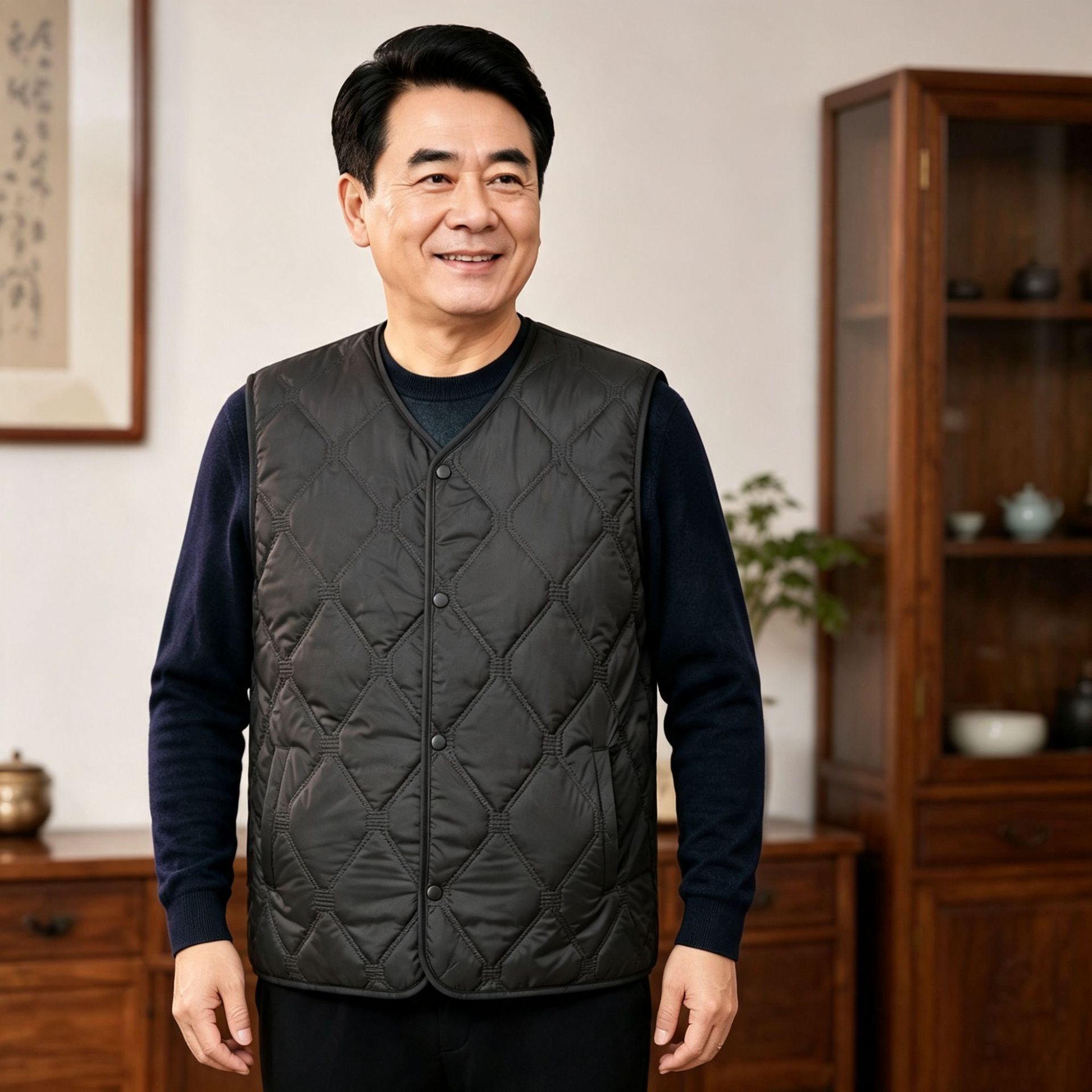 男士棉马甲V领菱形格保暖内搭背心新款秋冬爸爸装轻薄外穿棉坎肩