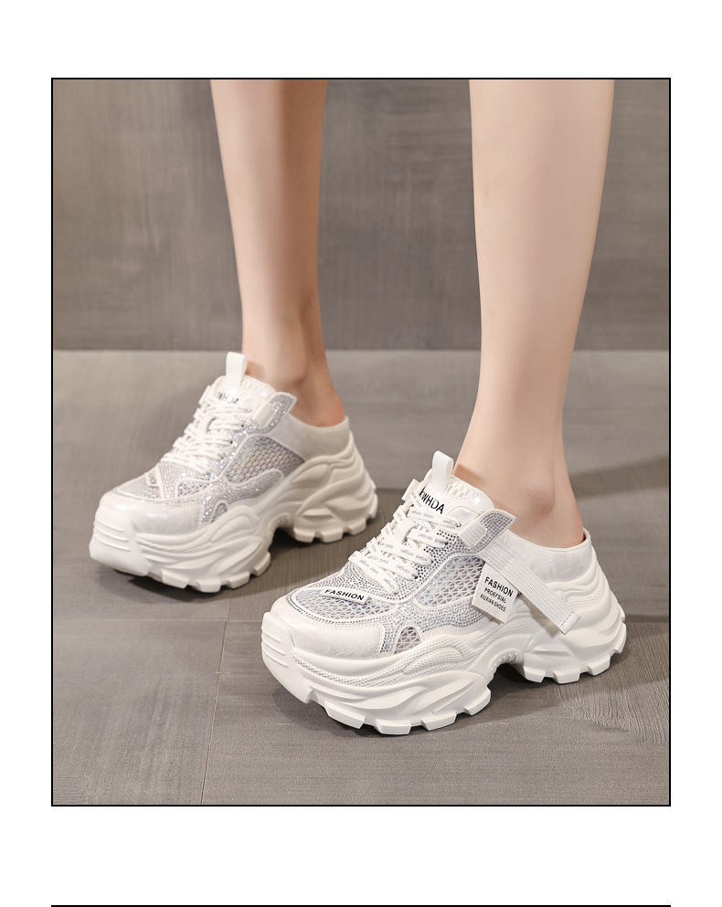 Giày sneaker nữ đế dày lưới thoáng khí mũi trùm đính đá phong cách giày bố — màu trắng ngà, bạc chi tiết 16
