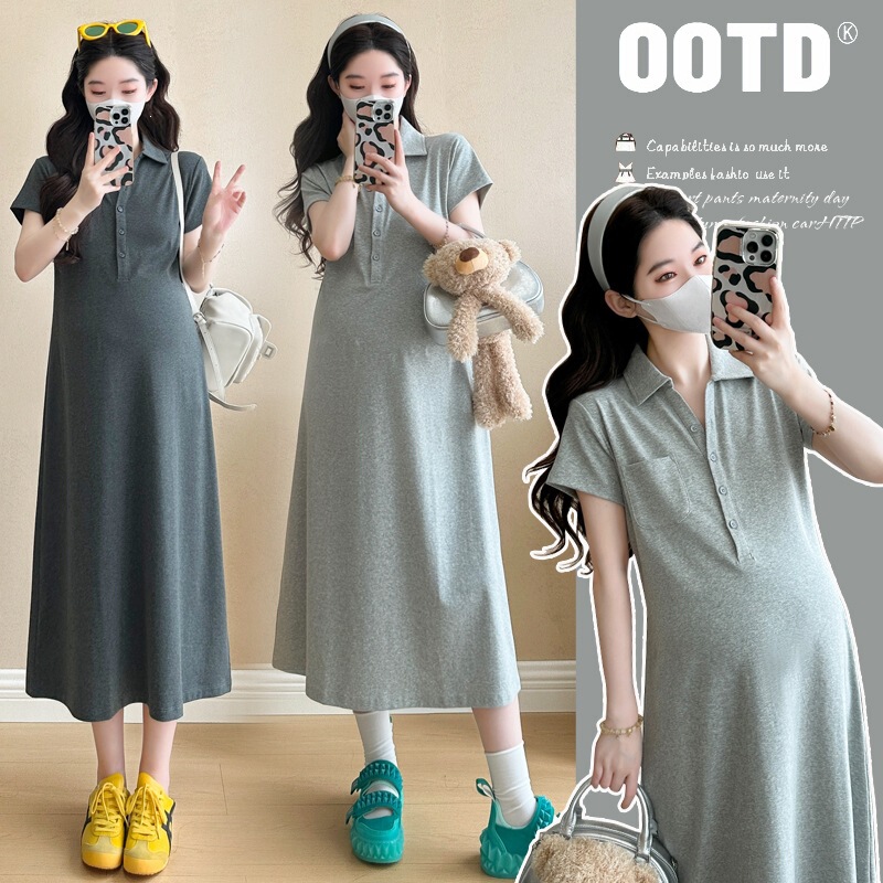 Real Shot of Pregnant Women's 2026 Summer Mid-Length Casual Slimming Dress with Age-Reducing Polo Collar Long T-Shirt Dress Real Shot of Pregnant Women's 2026 Summer Mid-Length Casual Slimming Dress with Age-Reducing Polo Collar Long T-Shirt Dress