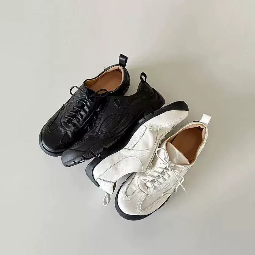 复古圆头简约深口休闲系带阿甘鞋女新款百搭轻便舒适厚底德训鞋