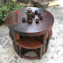 老船木圆形茶桌实木餐桌茶桌椅组合船木圆形餐桌椅可