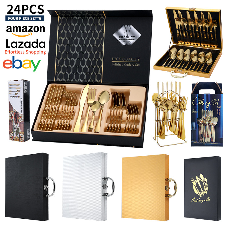 Transfronterizo Amazon cuchillo y tenedor de acero inoxidable 24 piezas de caja de regalo set de alto valor de la cara de cubiertos occidentales cuchillo y tenedor de filete set de cuatro piezas