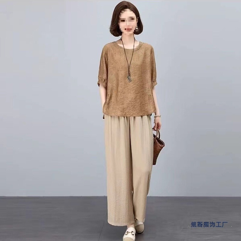 Women's Suit 2026 Summer New Fashion Versatile Five-Quarter Sleeve Mom-Style Suit Ramie Cotton with Tags and Beading