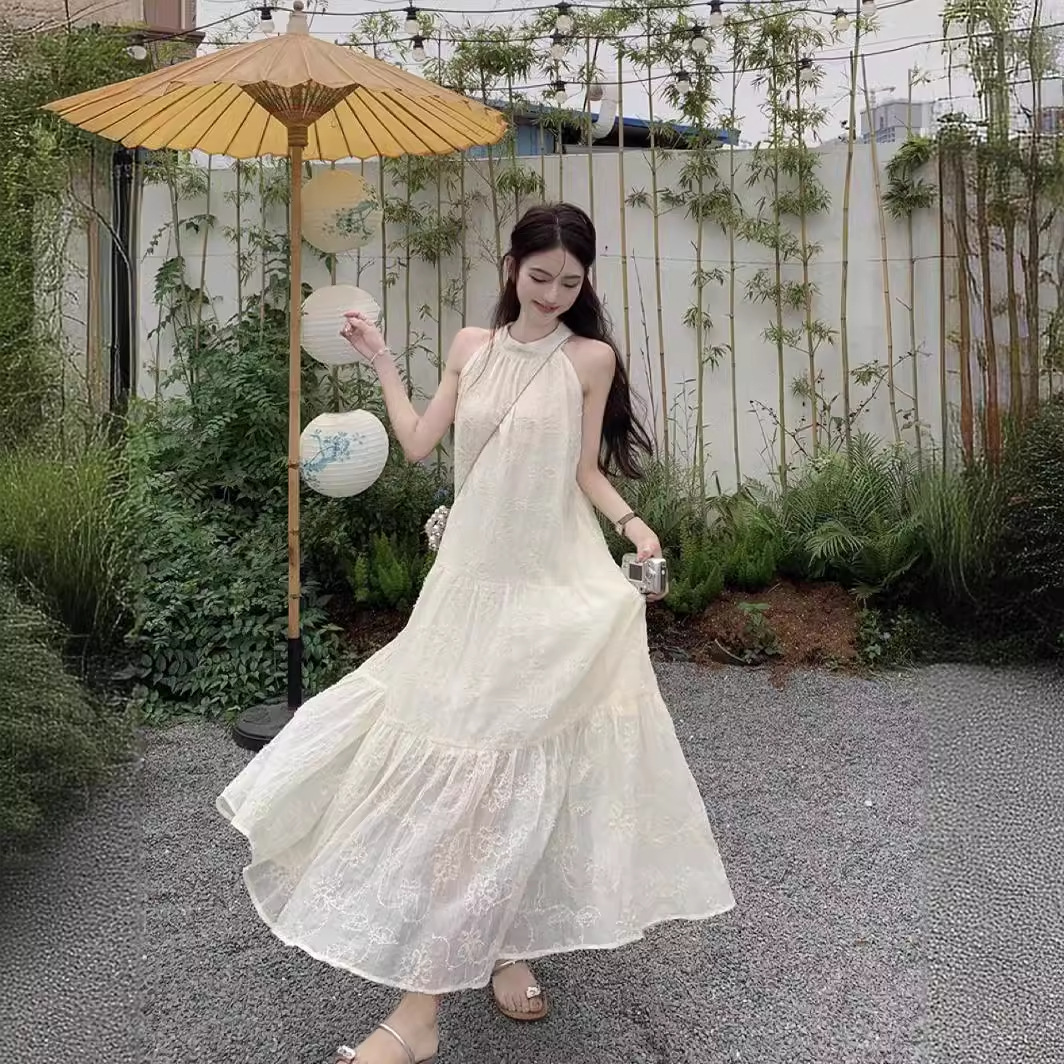 해변 홀리데이 비치 원피스 여름 프랑스 스타일 부드러운 느슨한 슬리밍 레이스 업 넥 대형 스윙 슬링 원피스 여성