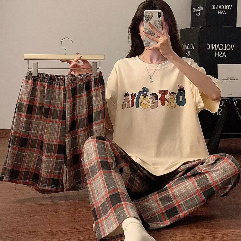 2025 nuevo pijama de mujer de verano delgado japonés pantalones de manga corta tres piezas set ropa de casa letras de verano