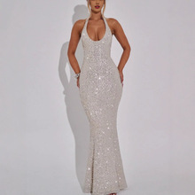 2025秋季新品跨境高级感烫钻挂脖包臀性感无袖收腰套头连衣裙