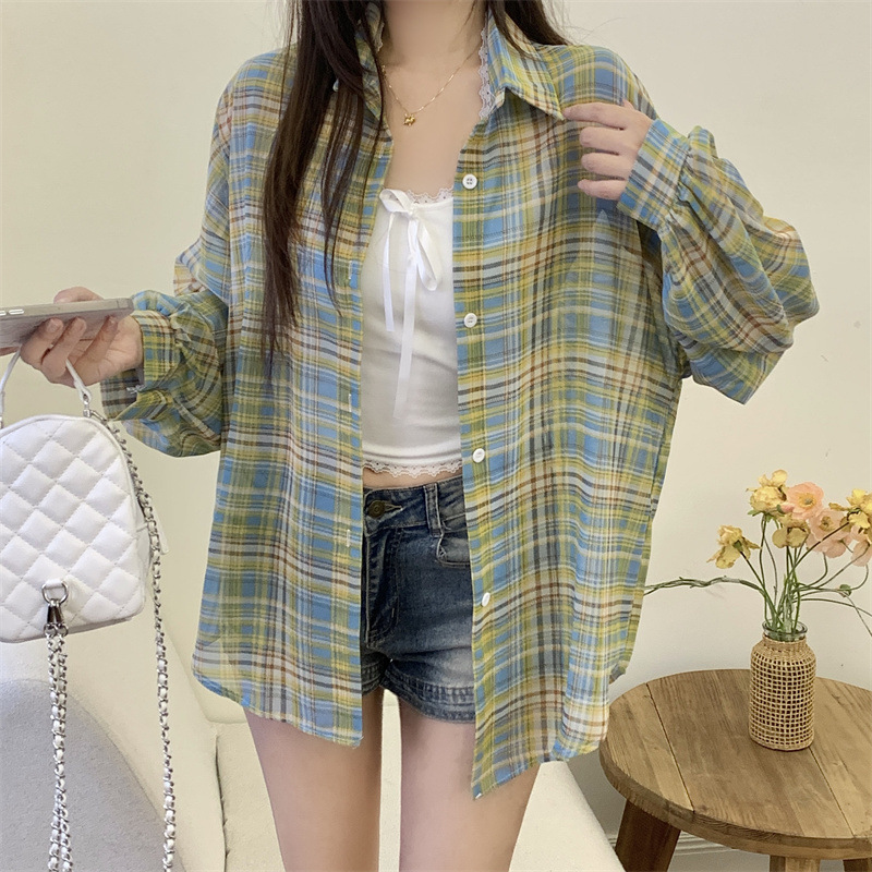 新しいアメリカンチェック柄シャツ女性のための 2025 夏の新しい怠惰なスタイルのシャツジャケット日焼け止めトップトレンディ|undefined