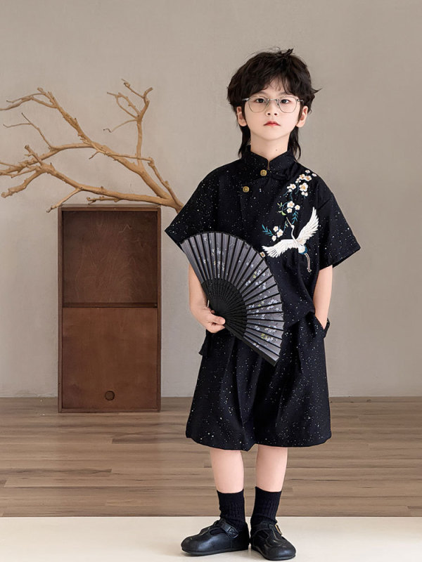 2025 ホットスタイル男の子唐スーツ半袖スーツ黒底鶴花刺繍ショーツ漢服ワンピースドロップシッピング|undefined