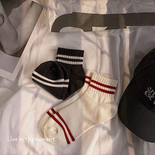 Japanese white socks for women ins trendy spring and autumn women's mid-calf socks cotton socks striped sports socks short socks college style