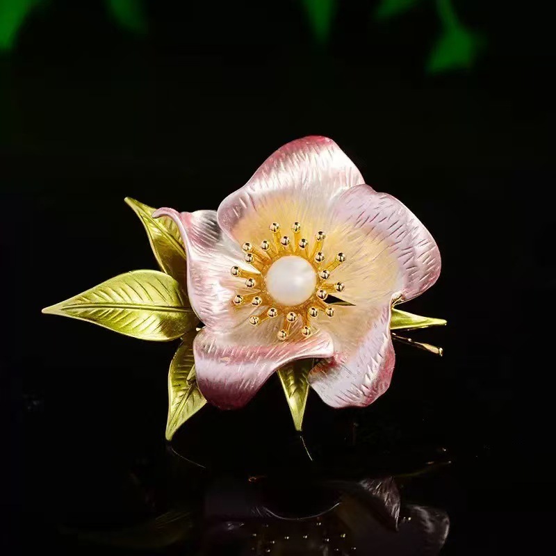 Chinese Style Enamel Painted Flower Brooch Freshwater Pearl High-End Women's Corsage Brooch Small Fragrance Suit Accessories