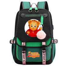日漫小老虎丹尼尔印花USB青少年学生书包男女休闲织带翻盖双肩包