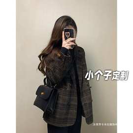 150小矮个子小香风复古格纹毛呢外套女秋法式感西装呢子大衣