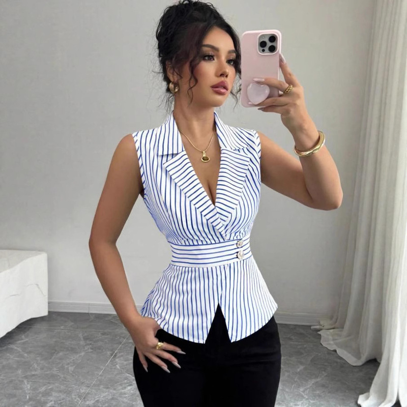 2025 Summer Cross-Border Amazon Export Fashion Slim New Women's Shirt Stripesd Button Sleeveless V-Neck Lining
