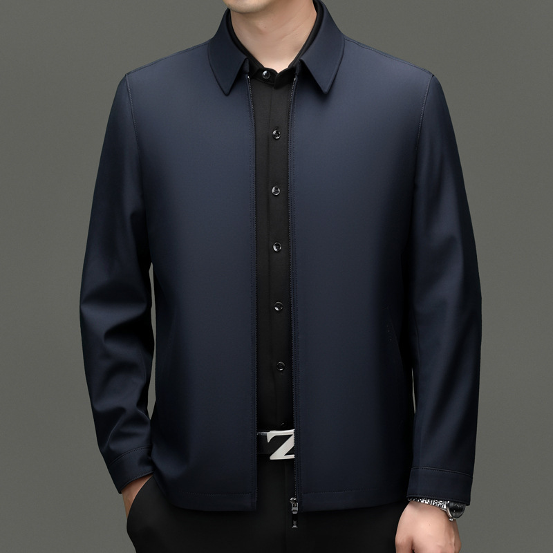 Stylish jacket for middle-aged men, featuring a sophisticated and casual design, made from high-quality mulberry silk, suitable for business wear, in solid colors, with a classic mandarin collar Stylish jacket for middle-aged men, featuring a sophisticated and casual design, made from high-quality mulberry silk, suitable for business wear, in solid colors, with a classic mandarin collar