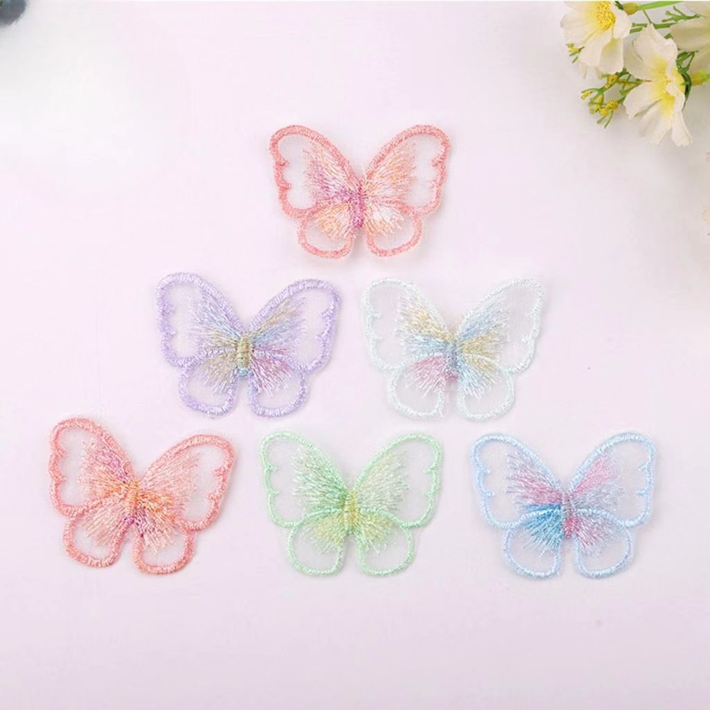 跨境新款发夹装饰补丁辅料 5cm时尚幻彩单层欧根纱刺绣蝴蝶布贴