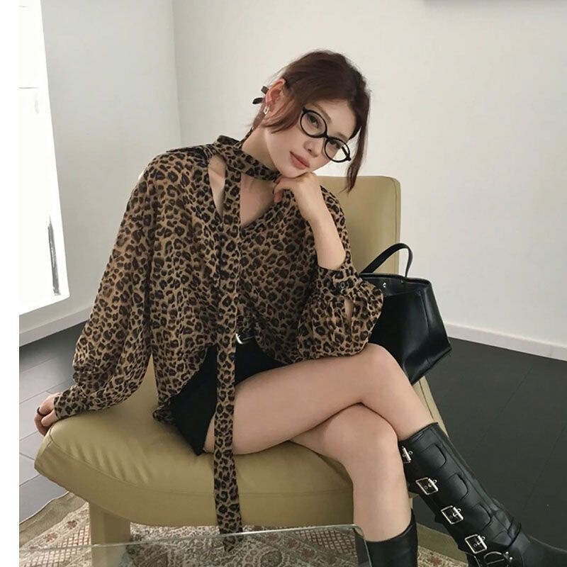 Mature Style Sexy Hot Girl Design Leopard Print Long-Sleeved Shirt for Women 2025 Spring New Style Floating Bow Tie Top Trendy Mature Style Sexy Hot Girl Design Leopard Print Long-Sleeved Shirt for Women 2025 Spring New Style Floating Bow Tie Top Trendy