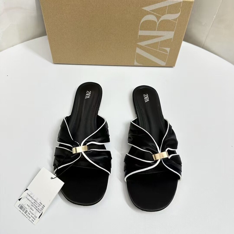 Za's 2026 New Women's Shoes, Low-Heeled Elegant Socialite Beach Slippers, Shallow Mouth with Metal Buckle Decoration, Black Za's 2026 New Women's Shoes, Low-Heeled Elegant Socialite Beach Slippers, Shallow Mouth with Metal Buckle Decoration, Black