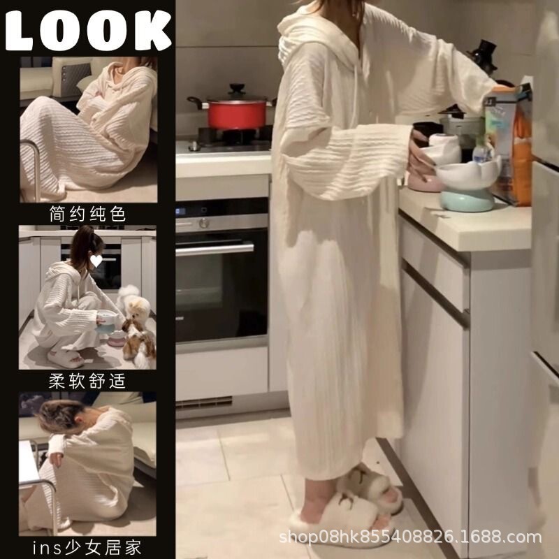 Casual Hooded Long-Sleeved Nightgown for Women Spring and Autum New Ins Style Sweet Loose Quilted Home Wear Pajamas Skirt 1 Casual Hooded Long-Sleeved Nightgown for Women Spring and Autum New Ins Style Sweet Loose Quilted Home Wear Pajamas Skirt 1