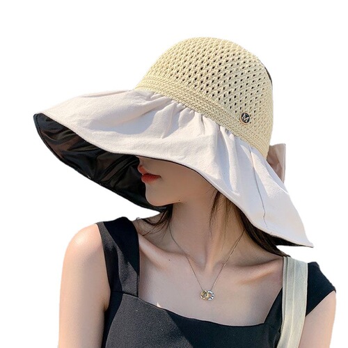 New Women's Summer Sun Hat, Large Brim Black Rubber Cap with Extended Visor for Face Protection, Open-Top Fisherman Hat