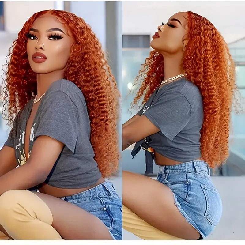 Modische orangefarbene Kunsthaarperücke mit kleinen Locken im europäischen/amerikanischen Stil, komplette Haarverlängerungen, durchschnittliche Größe, Body Wave, lang/kurz_voghion.com