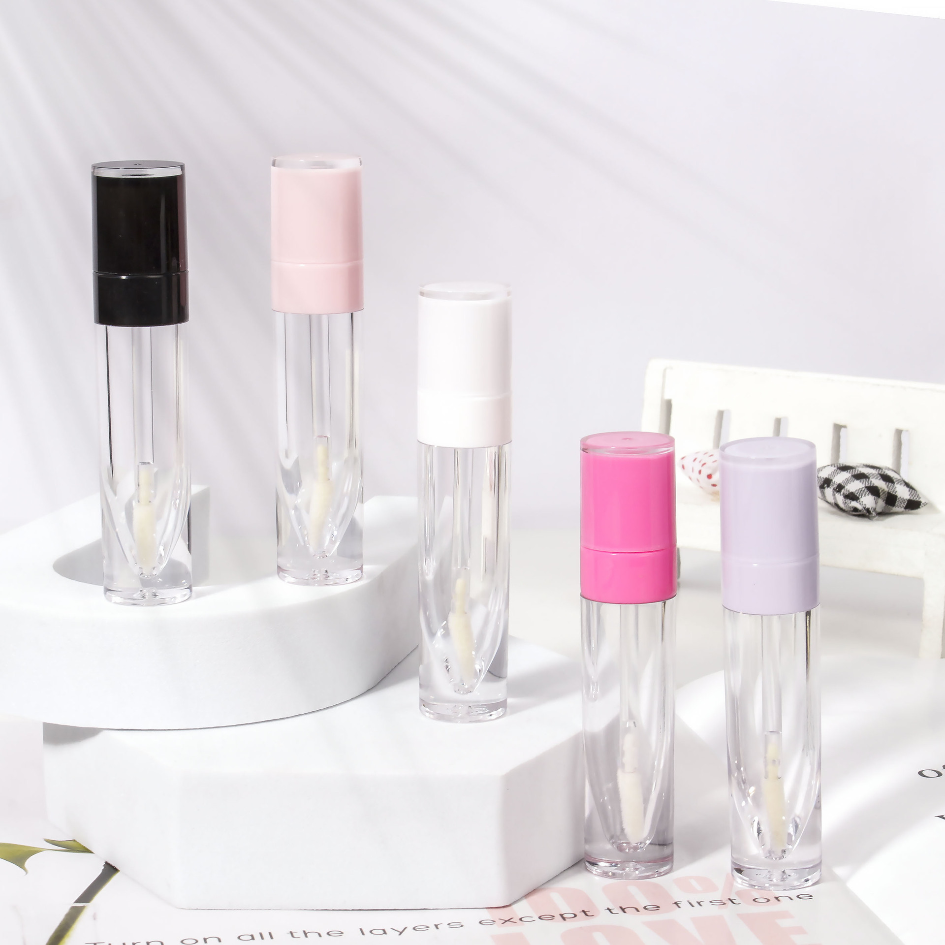 现货6ml中圈透明刷杆唇彩管粉色白色唇釉瓶化妆品唇泥分装容器