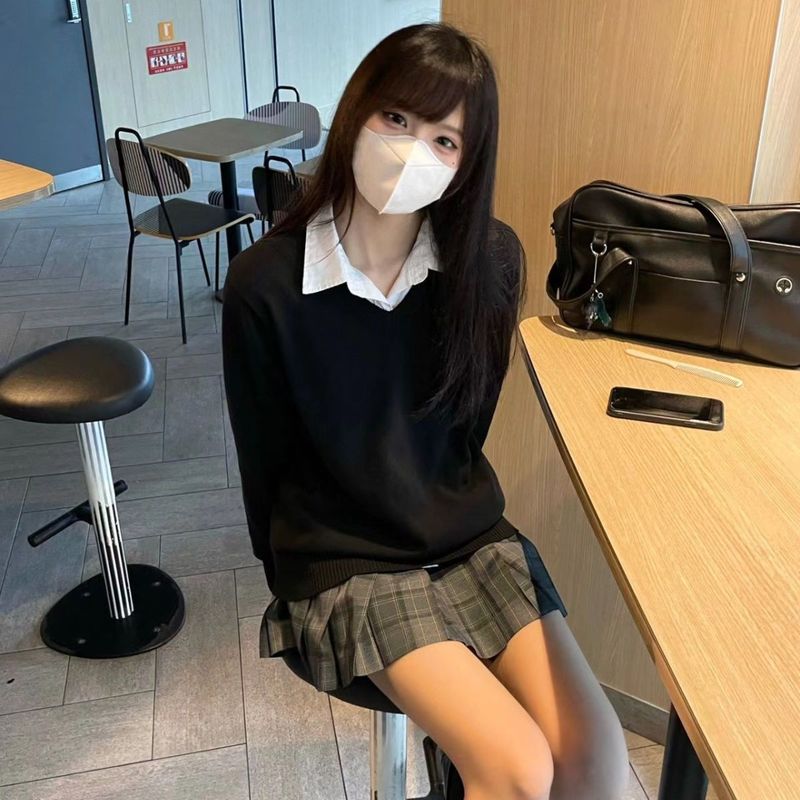 学院风秋冬新款制服毛衣套头领长袖百搭少女美拉德叠穿针织衫|undefined
