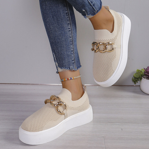Metal chain wedge thick sole one-piece breathable lightweight mesh women's casual flat shoes for plus sizes