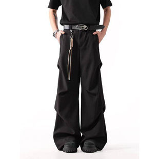 Pleated Split Design Draped Black Trousers for Men and Women American Style Cleanfit Wide-Leg Trousers