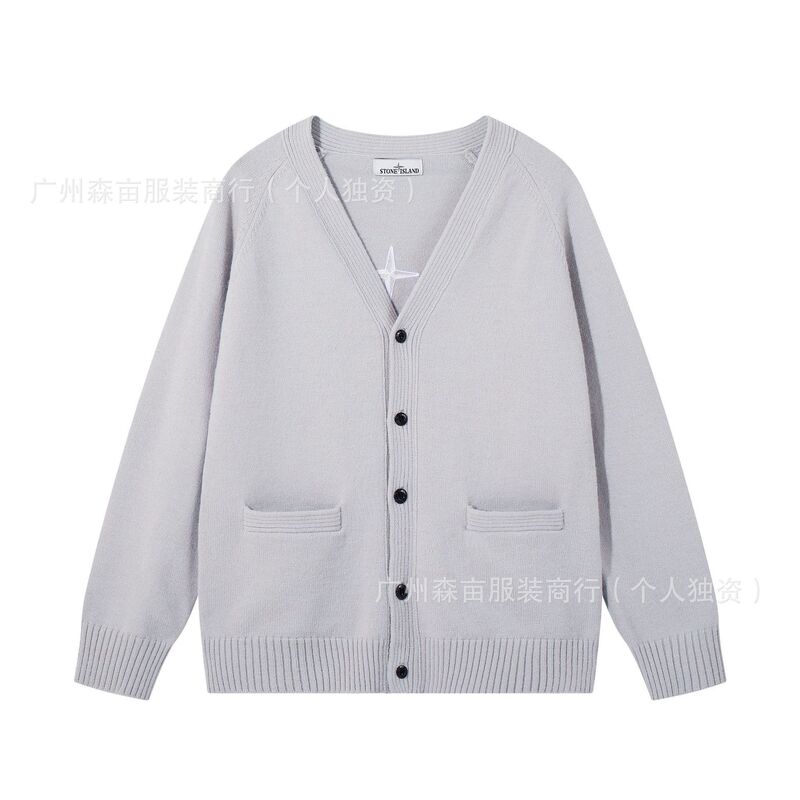 Cross-Border Stone Holiday Limited Edition Stone Series V-Neck Buttoned Double-Pocket Ribbed Hem Cotton Embroidered Knit Sweater