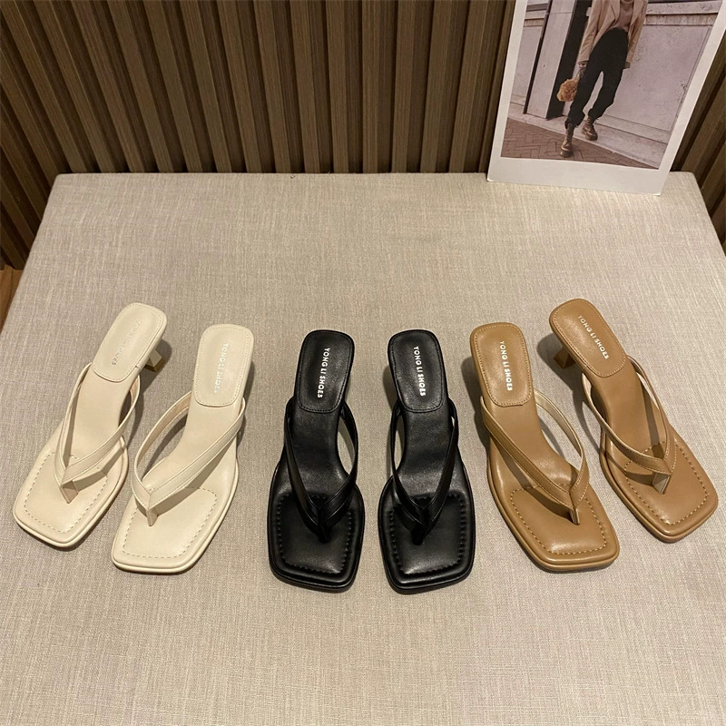 Минималистские шлепанцы женские летние 2025 новые квадратные сандалии на каблуках