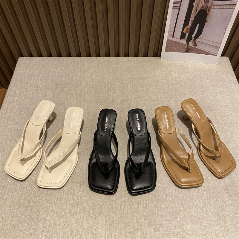 Simple Flip-Flops for Women, Square Toe, Thin Heel, Mid-Heel, Fashionable and Elegant, Clip-Toe Flip-Flops, High Heels