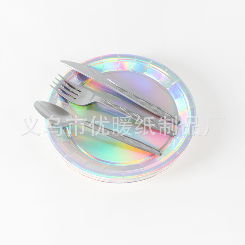 Plato de papel grueso al por mayor, película láser, vaso de papel de película colorida, vajilla desechable, plato de cena, 10 porciones, Amazon