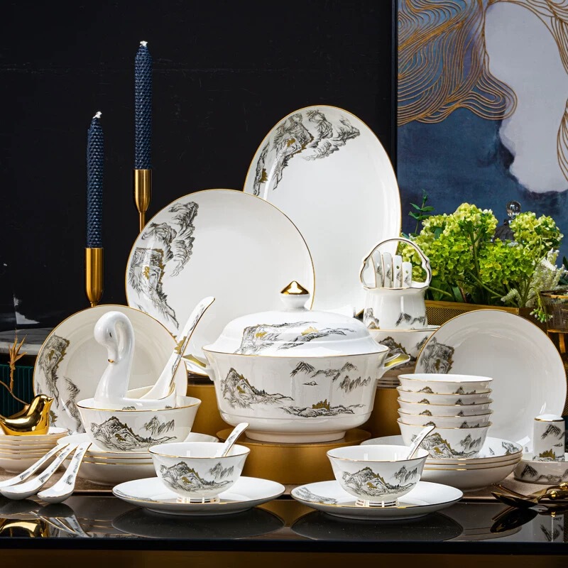 Bone China Tableware Set, Bowl and Plate Combination, High-End Accessible Luxury Dishes, Household Chinese-Style Gold-Rimmed Ceramics, New Housewarming Gift