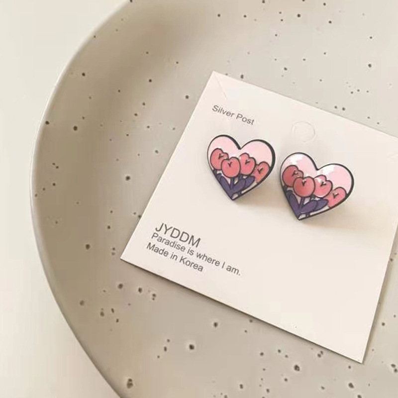1 Pair Cute Heart Shape Flower Metal Enamel Women's Ear Studs display picture 4