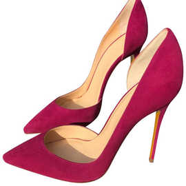 夏季欧美新款法式侧空玫红色磨砂皮尖头细跟高跟鞋性感浅口女单鞋