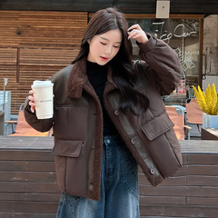 羊羔毛拼接棉衣棉服女短款2025冬季新款小个子韩版宽松加厚外套潮