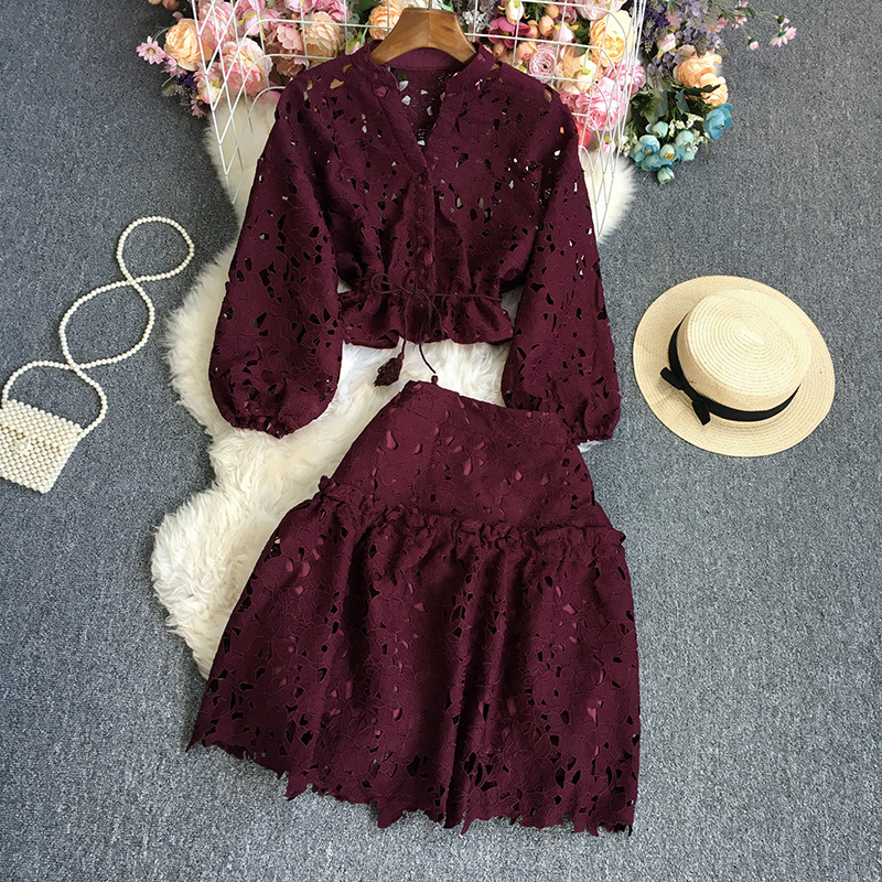 Damenbekleidung einfarbige Spitze Langarm + Rock Anzug_voghion.com