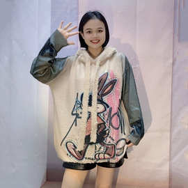 2025秋冬新款连帽针织衫女重工卫衣女宽松大码外穿水貂绒印花毛衣