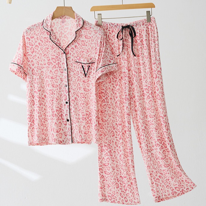 VS外国貿易パジャマ女春夏タイプ半袖長ズボン冷感モーデール柔らかいゆるい夏の家庭服セット|undefined