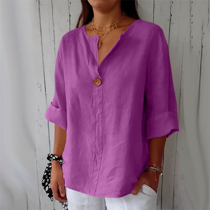 Women's Loose Fit V Neck 7/8 Sleeve Cotton Button Front Tunic Top – Casual Summer Blouse 2026_ecoleips.com