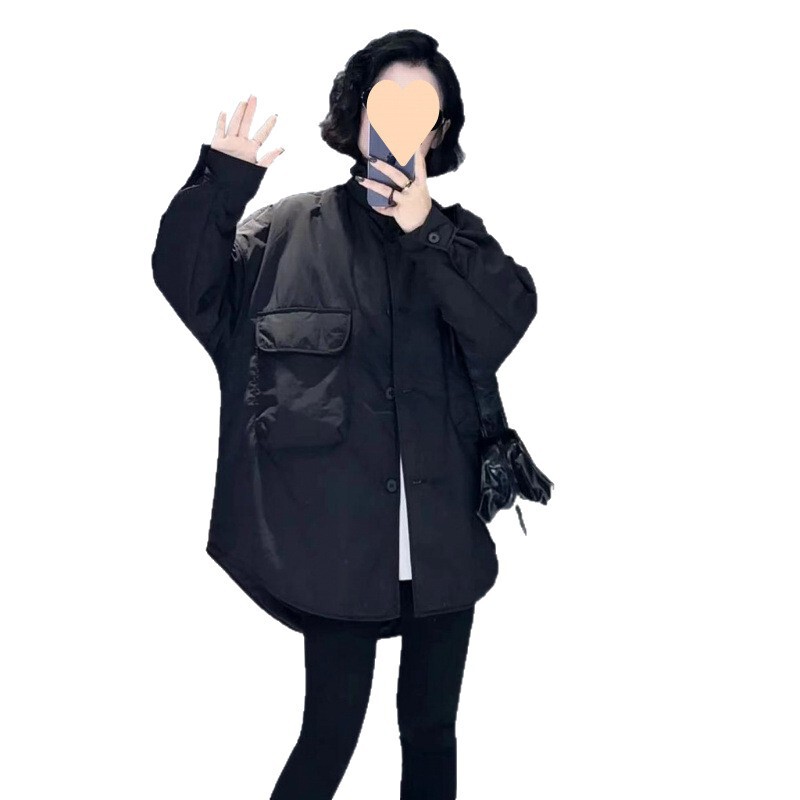 美拉德中长款工装大口袋宽松休闲外套感纯色立领轻薄保暖上衣|undefined