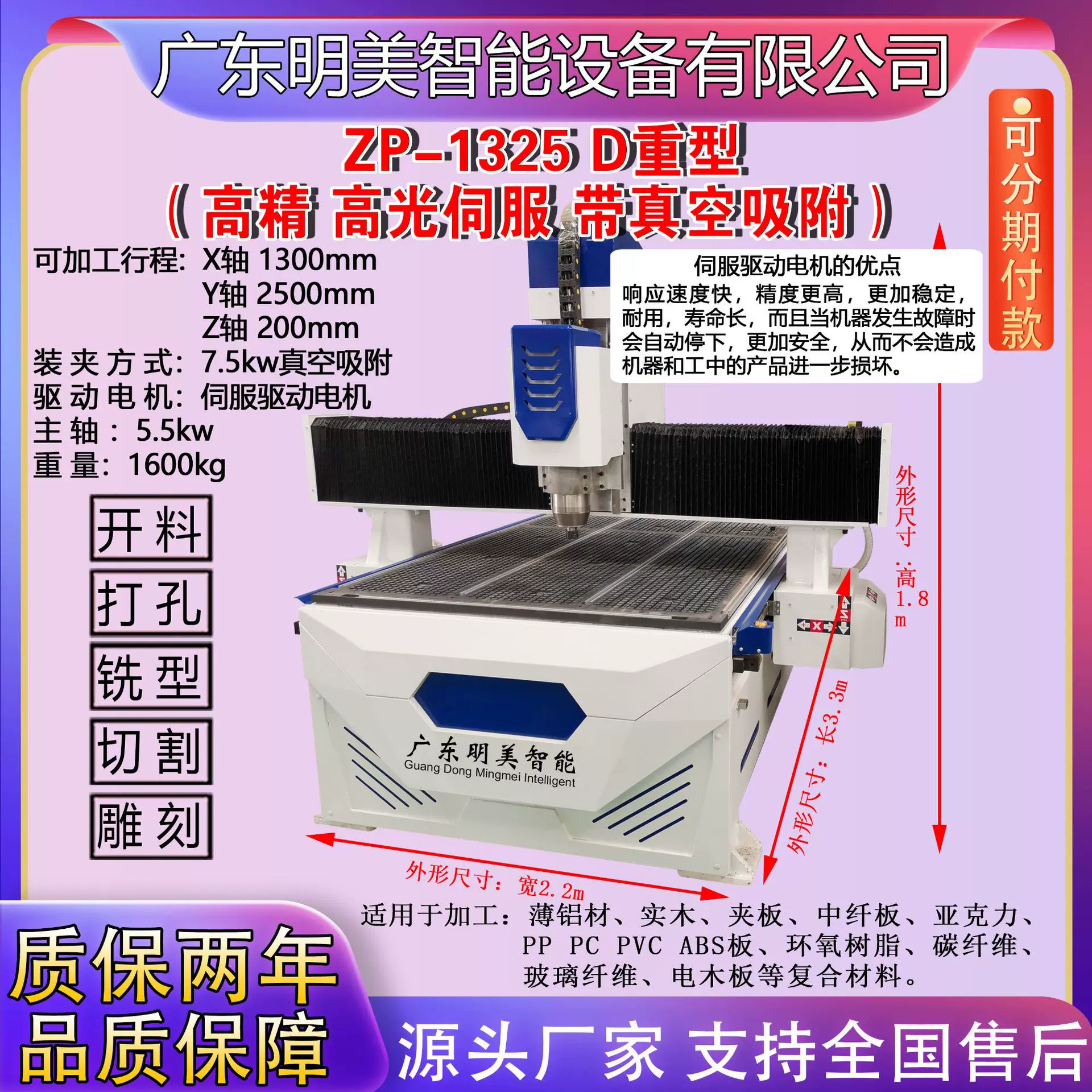 数控1325雕刻机全自动木工广告石材亚克力金属电脑开料雕铣机