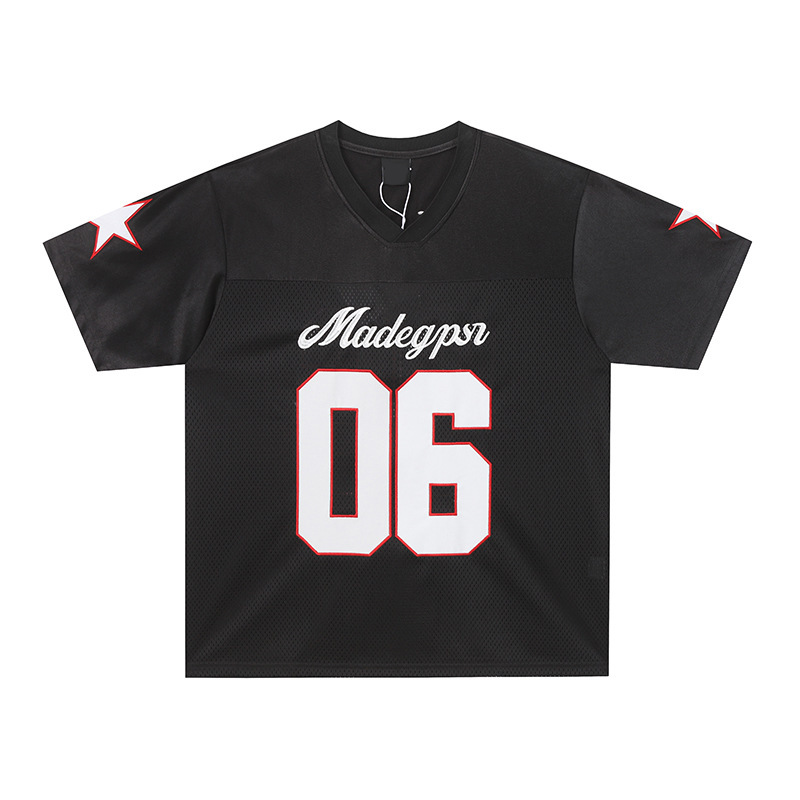 American Retro V-Neck Jersey T-Shirt for Men, Number 06, Star Print, Mesh Breathable Loose Street Style Base Shirt