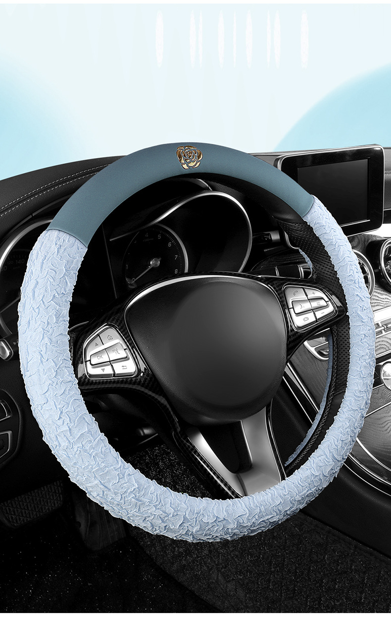 New All-Season Camellia Car Steering Wheel Cover, Delicate, Breathable and Wear-Resistant Pebbled Leather Soft Handle Cover