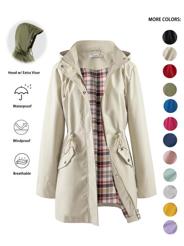 Women's Solid Color Drawstring Zip Up Hooded Trench Coat|undefined