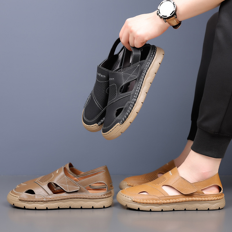 Men's Leather Sandals, Breathable Casual Shoes With Velcro Strap_voghion.com